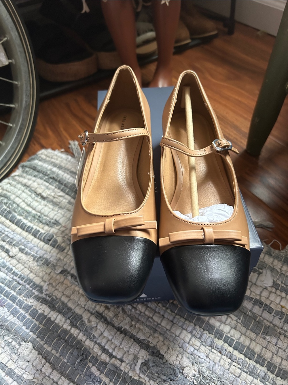 Two-Tone Mary Jane Flats in Tan and Black